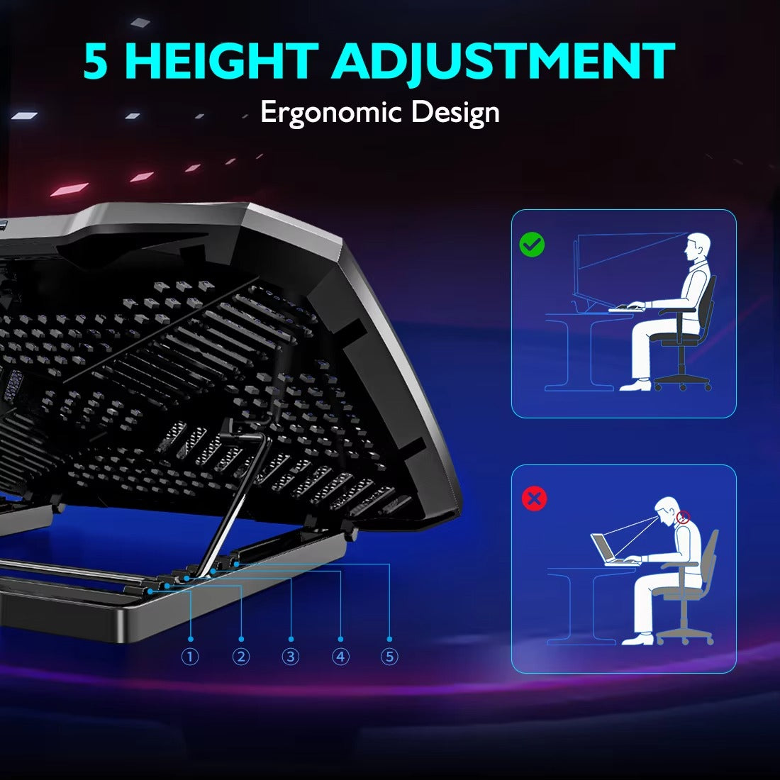 COOLCOOLD Laptop Cooling Pad for 12-17 Inch Laptops — 5 Quiet Fans, 5 Adjustable Angles, with Phone Holder | Laptop Cooler Stand