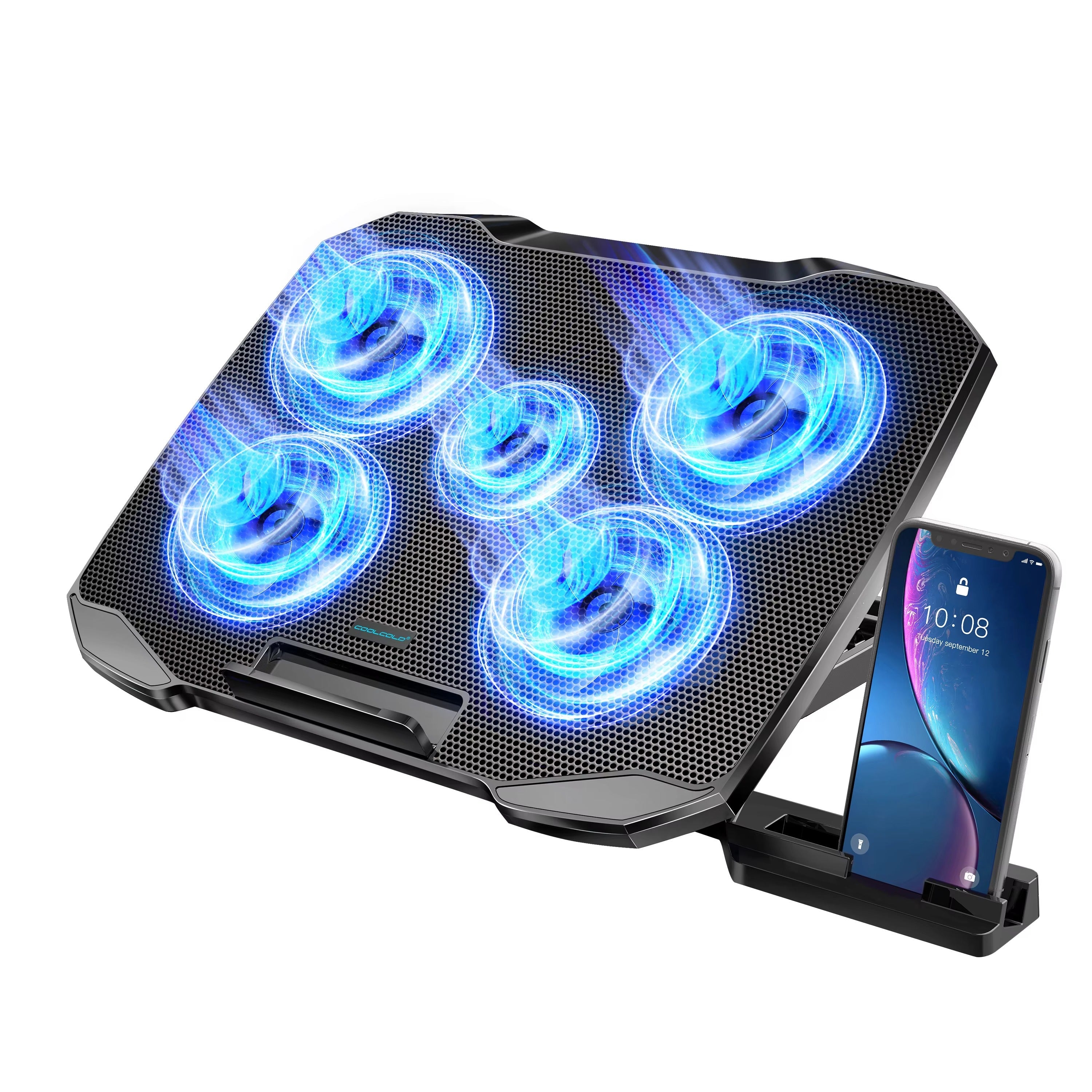 COOLCOOLD Laptop Cooling Pad for 12-17 Inch Laptops — 5 Quiet Fans, 5 Adjustable Angles, with Phone Holder | Laptop Cooler Stand