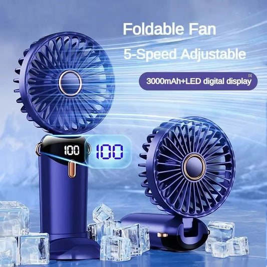 USB Handheld Mini Fan – Foldable Portable Neck Hanging Fan, 5-Speed Rechargeable with Phone Stand & Display Screen