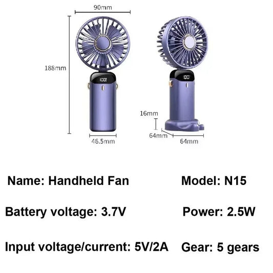 USB Handheld Mini Fan – Foldable Portable Neck Hanging Fan, 5-Speed Rechargeable with Phone Stand & Display Screen